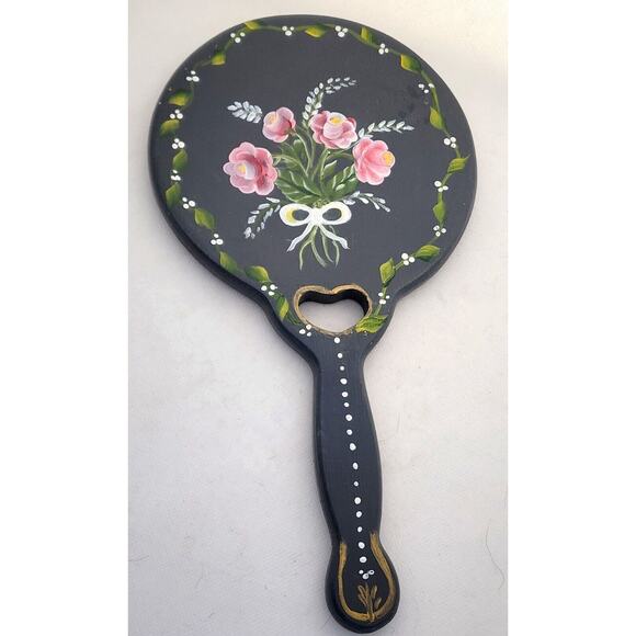 MIRROR-HAND HELD VANITY-Hand Painted-Gray-Floral-Leaves-Heart - Picture 7 of 9